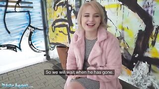 Short-haired blonde teen gets picked up at bus stop for cash