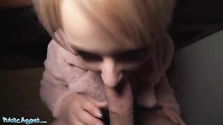 Short-haired blonde teen gets picked up at bus stop for cash