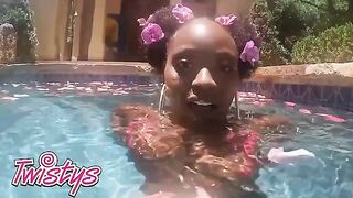 Hot petite babe Elsie enjoys swimming naked in the pool