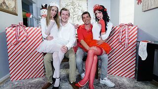 Two cute stepdaughters in a Christmas costume swap