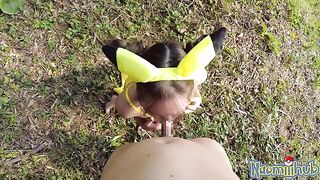 Romantic sex with beautiful Japanese girl in the open air