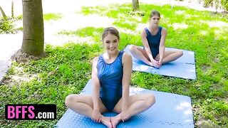 Gymnast Katie Kush and Kenzie Madison stretch their holes with a huge cock
