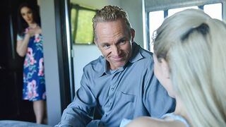 A hot stepdaughter, Jane Wilde, rides her stepdad’s fat cock in a taboo scene
