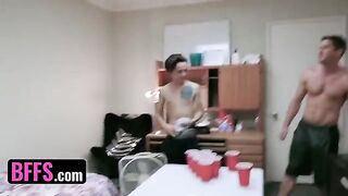 Two roommates' cocks shared by hot college girls in a steamy orgy
