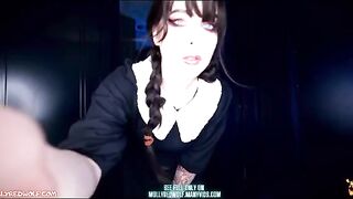 The girl in the Wednesday Addams cosplay gets a big cock