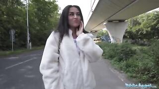 A petite teenage beauty gets fucked outdoors by a stranger after nearly getting hit by his taxi