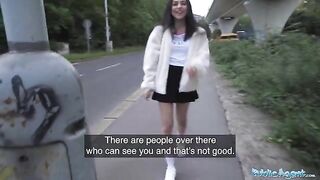 A petite teenage beauty gets fucked outdoors by a stranger after nearly getting hit by his taxi