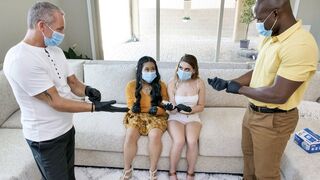 Two step-daughters get their pussies cleaned and fucked by their daddies in a taboo foursome