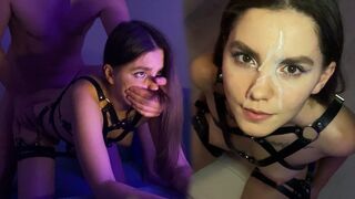 A hot brunette girl in a harness gets on top of my dick