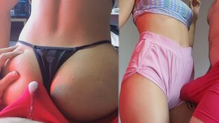 A couple enjoy a lap dance at home with ass job and cum in underwear