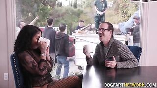 Ebony babe Paris The Muse gets her mouth used by ten white cocks in a hardcore bukkake scene