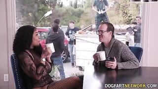 Ebony babe Paris The Muse gets her mouth used by ten white cocks in a hardcore bukkake scene