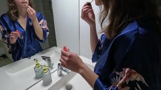 A French beauty with big boobs gets fucked in the bathroom early in the morning