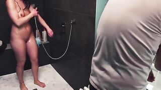 A guy got his dick wet in the shower and finished too early