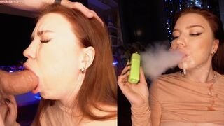 She smokes and sucks my dick, then I cover her face with sperm