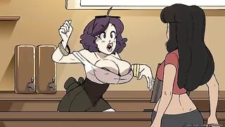 A barista grows to become a sexy, tall giantess in this animated scene