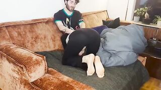 The couple has an orgasm together under the blanket