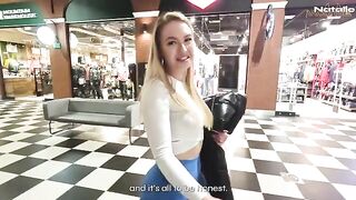 Blonde with big ass fucks in the shopping mall toilet for money