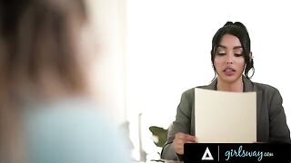 Busty Kayley Gunner destroys the pussy of sexy lawyer Vanessa Sky in a steamy Girlsway scene