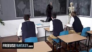 Curvy teacher fucked by three students in a hardcore scene