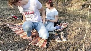 A pretty girl went camping, but she was not alone