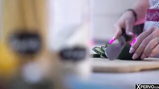 Femdom kitchen sex with Little Caprice, showcasing her petite Czech charm