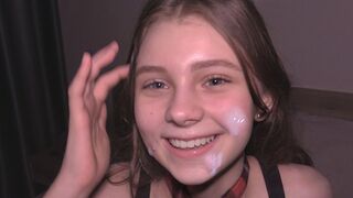 College girl used as a trash can for guy's cum shot
