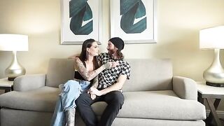 A sexy brunette gets her boyfriend's huge cock sucked by two gorgeous babes