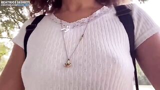 Public masturbation and cumming with a stranger watching on the beach