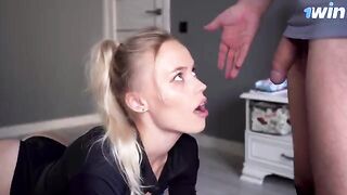 Her stepson’s cock got out while she was cleaning; the naughty woman wanted to suck it