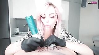 A hot blowjob scene during a home tattoo session, blending pain and pleasure