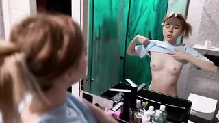A cute girl prepared a surprise for her boyfriend in the bathroom