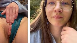Petite teen with big labia enjoys public masturbation and squirting