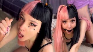 Emo babe with a hot pink hairstyle gets her throat filled with cock