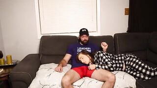 A stepson fucks his steaming-hot stepmom on the couch, risking a creampie