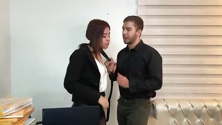 A cutie secretary has sex with her boss in the office, ending with a cumshot