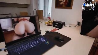 The cute slender girl helps her boyfriend with laptop for sex