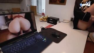 The cute slender girl helps her boyfriend with laptop for sex