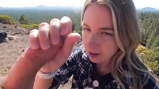 Girl masturbates on the mountain and a guy joins her