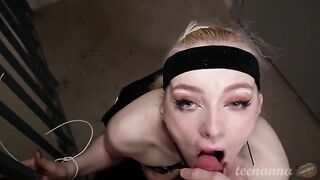 A blonde girl with blue eyes was fucked in the mouth and cunny outdoors