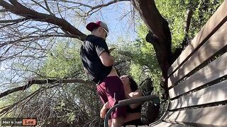 A busty girl almost got caught performing a blowjob by the lake