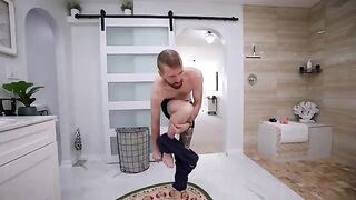 Guy was hiding in the bath and his step sister found him there. She was surprised