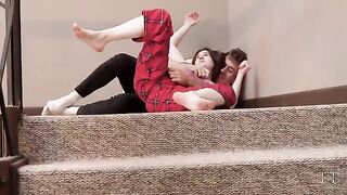 A man fucked his stepsister on the stairs. It was messy