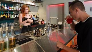 The hot bartender, a stunning redhead Luna Rishi, served dessert in sexy lingerie