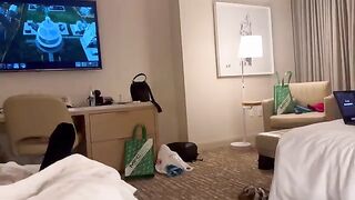 A girl is having fun with her best friend in the bedroom