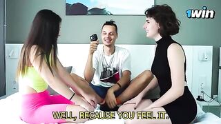A game with a guess the body part challenge for lesbian couples with sensual kisses