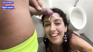 Public blowjob and cumwalk action by the waterfall, risky and real!