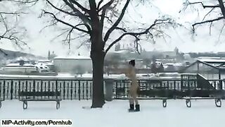 Blonde student caresses her boobs and cunny on the city streets