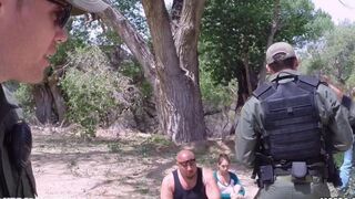 The old lady is fucking with the soldier in the pickup