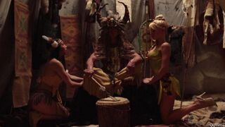 Red-skinned babes in fairytale costumes fucked by a hero in an epic 4K scene